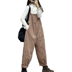 Overalls Women Plus Size Loose Fit Jumpsuit Adjustable Waist Cotton Romper Camel